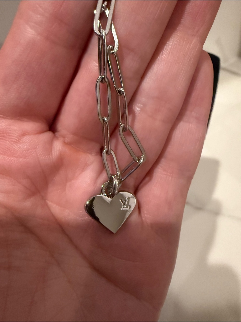 Upcycled Louis Vuitton Silver Heart Charm Bracelet on a paperclip chain.